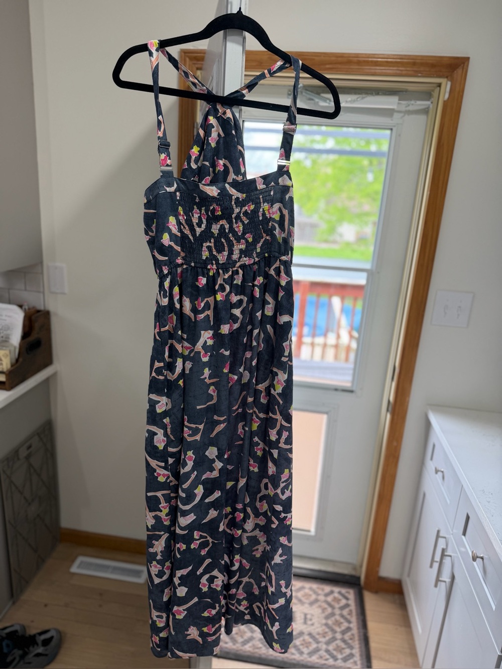 CAbi Black Maxi Dress with Pink and Cream Floral Print